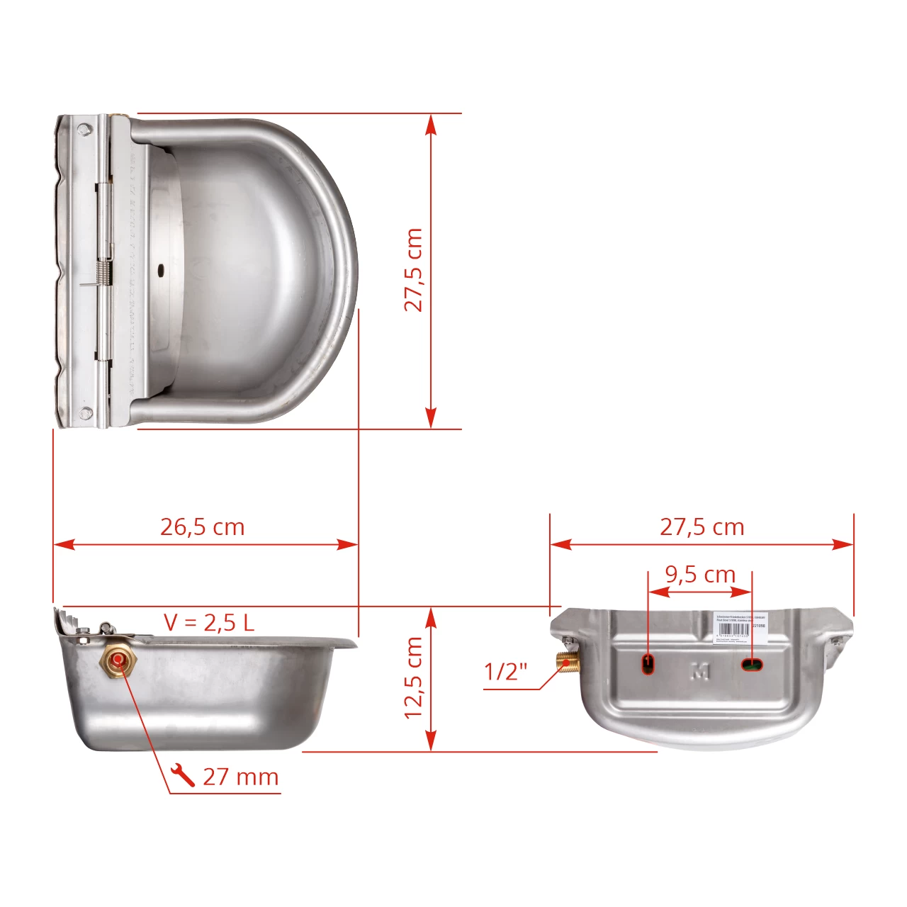 Abbeveratoio automatico di acciaio inox, 2,5 litri