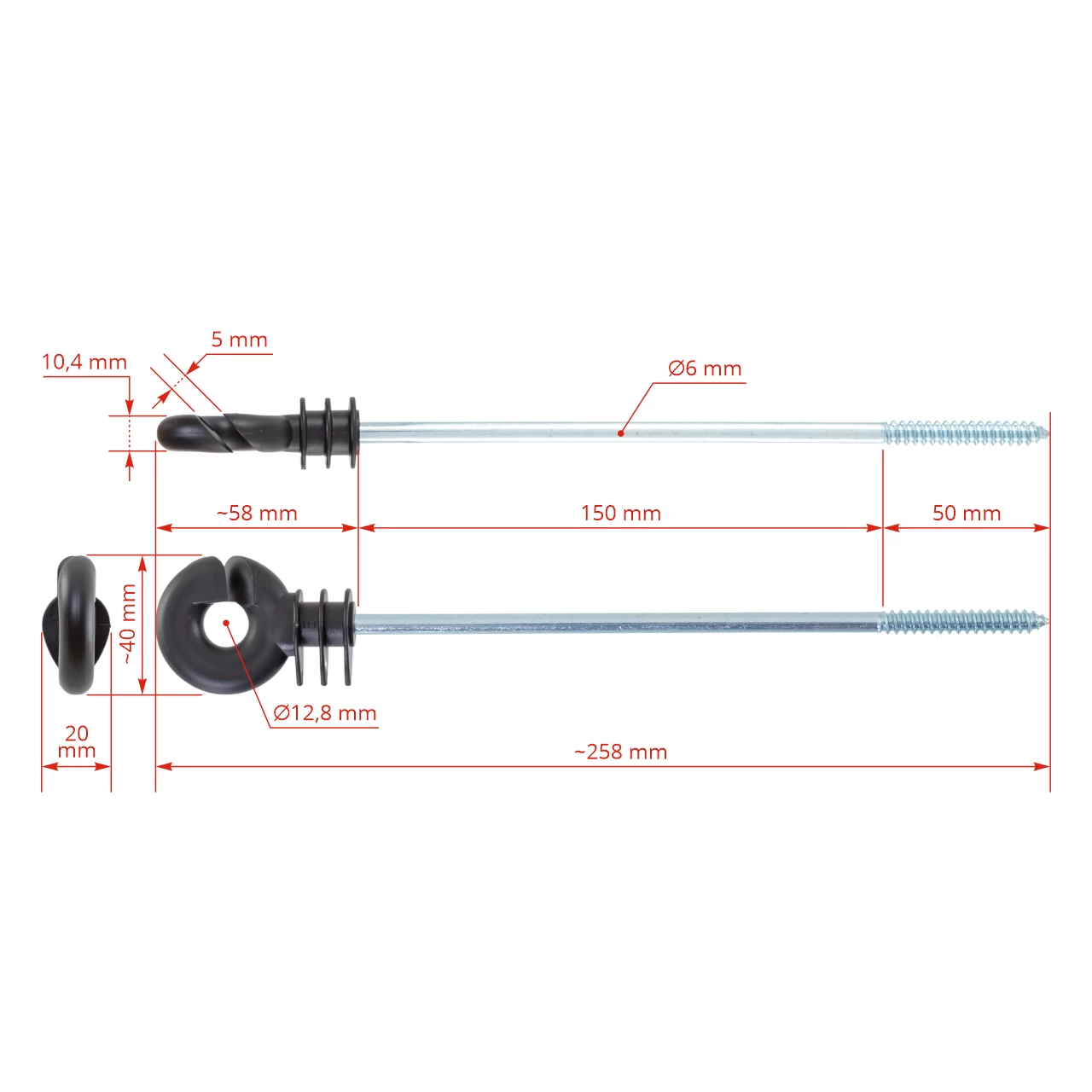 Isolatore anulare lungo a vite da legno, 200 mm