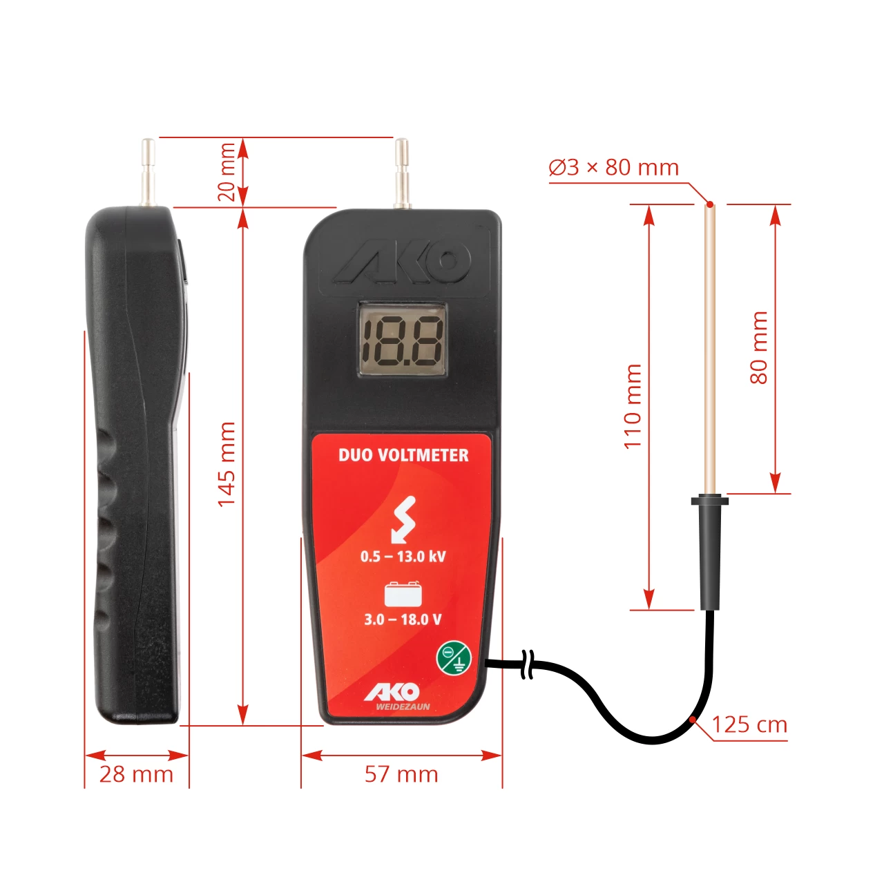 Tester digitale per recinti elettrici, accumulatori e batterie, 3-18 V, 500-13000 V