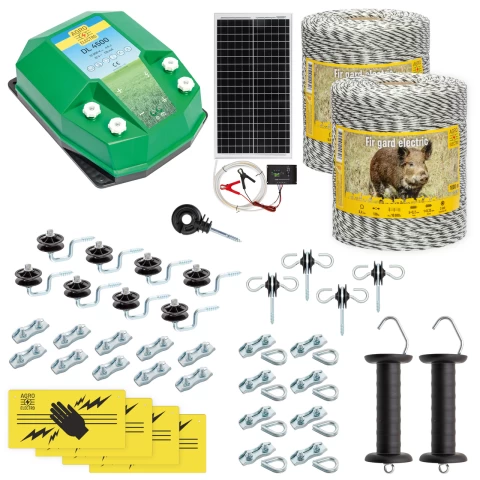 Kit completo recinto elettrico, 2000 m, 4,5 Joule, al sistema solare, per animali selvatici